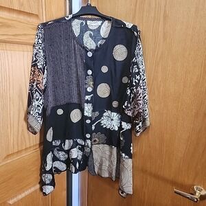 Sterling Styles Women's Top Shirt Silk Size L Blouse Art To Wear 3D Mixed Print